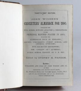 Wisden Cricketers&rsquo; Almanack 1894 and 1895. 31st-32nd editions. Both editions bound as one in brown and marbled half leather boards, lacking original paper wrappers, with title and date in gilt to spine, red speckled page edges. Pages checked, lacking fron