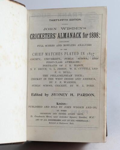 Wisden Cricketers&rsquo; Almanack 1898 to 1900. 35th-37th editions. All three editions bound as one in brown and marbled half leather boards, lacking original paper wrappers, with title and date in gilt to spine, red speckled page edges. Pages checked, lacking 