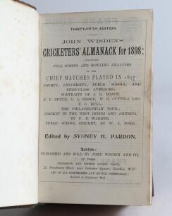 Wisden Cricketers&rsquo; Almanack 1898 to 1900. 35th-37th editions. All three editions bound as one in brown and marbled half leather boards, lacking original paper wrappers, with title and date in gilt to spine, red speckled page edges. Pages checked, lacking 