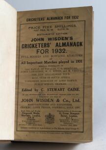 Wisden Cricketers&rsquo; Almanack 1932. 69th edition. Bound in light brown boards, with original paper wrappers, with title and date in gilt to spine. Staining to the lower corner of the rear wrapper and affecting the last few pages at the rear of the book, lig