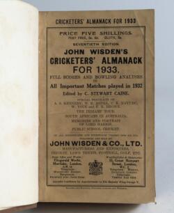 Wisden Cricketers&rsquo; Almanack 1933. 70th edition. Bound in light brown boards, with original paper wrappers, with title and date in gilt to spine. Minor wear and small minor staining to wrappers otherwise in good/very good condition. &lsquo;Kent County Cricket Cl