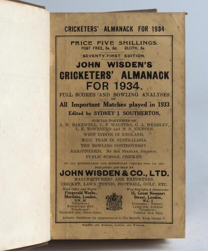 Wisden Cricketers&rsquo; Almanack 1934. 71st edition. Bound in light brown boards, with original paper wrappers, with title and date in gilt to spine. Minor wear and slight soiling to wrappers otherwise in good/very good condition. &lsquo;Kent County Cricket Club&rsquo; ha