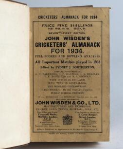Wisden Cricketers&rsquo; Almanack 1934. 71st edition. Bound in light brown boards, with original paper wrappers, with title and date in gilt to spine. Minor wear and slight soiling to wrappers otherwise in good/very good condition. &lsquo;Kent County Cricket Club&rsquo; ha