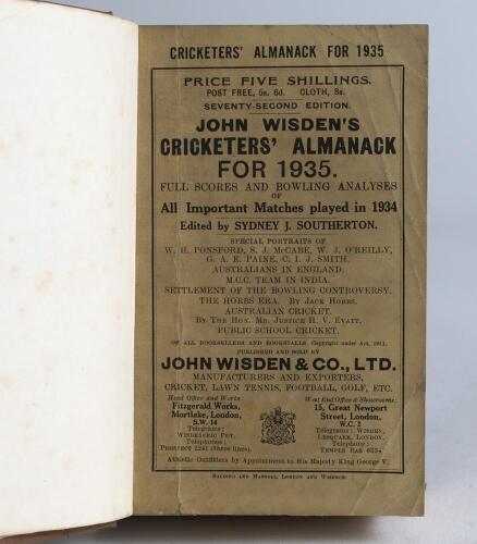 Wisden Cricketers&rsquo; Almanack 1935. 72nd edition. Bound in light brown boards, with original paper wrappers, with title and date in gilt to spine. Minor wear and slight soiling to wrappers otherwise in good/very good condition. &lsquo;Kent County Cricket Club&rsquo; ha