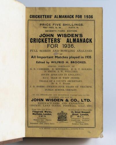 Wisden Cricketers&rsquo; Almanack 1936. 73rd edition. Bound in light brown boards, with original paper wrappers, with title and date in gilt to spine. Minor wear and slight soiling to wrappers otherwise in good/very good condition. &lsquo;Kent County Cricket Club&rsquo; ha