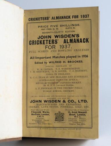 Wisden Cricketers&rsquo; Almanack 1937. 74th edition. Bound in light brown boards, with original paper wrappers, with title and date in gilt to spine. Minor wear and slight soiling to wrappers otherwise in good/very good condition. &lsquo;Kent County Cricket Club&rsquo; ha