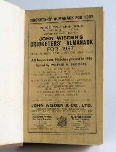 Wisden Cricketers&rsquo; Almanack 1937. 74th edition. Bound in light brown boards, with original paper wrappers, with title and date in gilt to spine. Minor wear and slight soiling to wrappers otherwise in good/very good condition. &lsquo;Kent County Cricket Club&rsquo; ha
