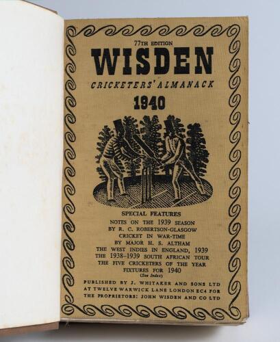 Wisden Cricketers&rsquo; Almanack 1940. 77th edition. Bound in light brown boards, with original cloth covers, with title and date in gilt to spine. Minor wear to covers otherwise in good/very good condition. &lsquo;Kent County Cricket Club&rsquo; handstamp to first end pa