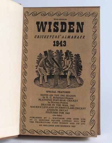 Wisden Cricketers&rsquo; Almanack 1943. 80th edition. Only 5600 paper copies printed in this war year. Bound in light brown boards, with original cloth covers, with title and date in gilt to spine. Very good condition. &lsquo;Kent County Cricket Club&rsquo; handstamp to fi