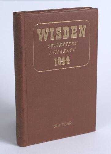 Wisden Cricketers&rsquo; Almanack 1944. 81st edition. Original hardback. Only 1500 hardback copies were printed in this war year. Dulling to gilt titles on the spine paper otherwise in good/very good condition. &lsquo;Kent County Cricket Club&rsquo; handstamp to first adve