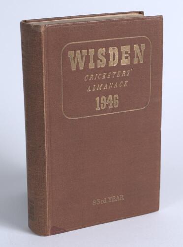 Wisden Cricketers&rsquo; Almanack 1946. 83rd edition. Original hardback. Dulled gilt titles on the spine paper, odd very minor faults otherwise in good+ condition. &lsquo;Kent County Cricket Club&rsquo; handstamp to first advertising page