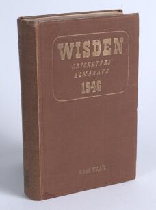Wisden Cricketers&rsquo; Almanack 1946. 83rd edition. Original hardback. Dulled gilt titles on the spine paper, odd very minor faults otherwise in good+ condition. &lsquo;Kent County Cricket Club&rsquo; handstamp to first advertising page