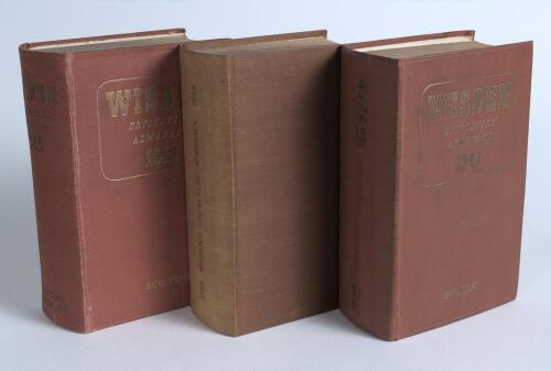 Wisden Cricketers&rsquo; Almanack 1947 to 1949. Original hardback editions with the exception of the 1948 edition with is bound with covers preserved. The 1947 hardback with dulling to gilt titles, broken rear internal hinges and wear to the front hinges, the 1