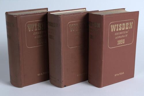 Wisden Cricketers&rsquo; Almanack 1950 to 1952. Original hardback editions. The 1950 edition in very good condition with bright gilt titles, the 1951 with dulling to gilt titles and breaking to front and rear internal hinges and the 1952 edition with dulling to