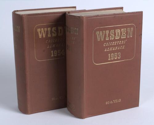Wisden Cricketers&rsquo; Almanack 1953 and 1954. Original hardback editions. Both editions with minor marks to boards, Both editions in good/very good condition. &lsquo;Kent County Cricket Club&rsquo; handstamp to each book. Qty 2