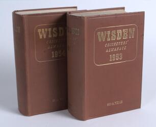 Wisden Cricketers&rsquo; Almanack 1953 and 1954. Original hardback editions. Both editions with minor marks to boards, Both editions in good/very good condition. &lsquo;Kent County Cricket Club&rsquo; handstamp to each book. Qty 2