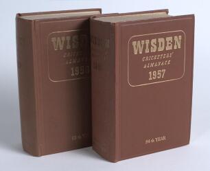 Wisden Cricketers&rsquo; Almanack 1957 and 1958. Original hardback editions. Some wrinkling to the spine of the 1957 edition otherwise both editions in good/very good condition. &lsquo;Kent County Cricket Club&rsquo; handstamp to each book. Qty 2
