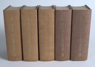 Wisden Cricketers&rsquo; Almanack 1959, 1961, 1962, 1967 and 1969. Bound in brown boards, the first three editions with original covers, gilt titles to spines, the latter two lacking original covers. Good/very good condition. &lsquo;Kent County Cricket Club&rsquo; handstam