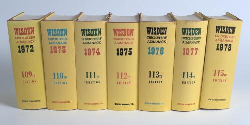 Wisden Cricketers&rsquo; Almanack 1972 to 1978. Original hardback editions with original dustwrappers, with the exception of the 1972 edition which has a facsimilie. Very good condition. &lsquo;Kent County Cricket Club&rsquo; handstamp to title page of each edition. Qty 7