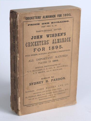 Wisden Cricketers&rsquo; Almanack 1895. 32nd edition. Original wrappers. Some darkening, wear and loss to spine paper and wrapper extremities next to the spine, slight breaking to page block otherwise in good+ condition