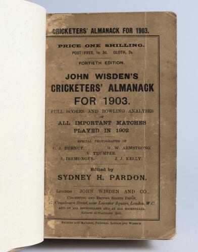 Wisden Cricketers&rsquo; Almanack 1903. 40th edition. Bound in brown boards, with original paper wrappers, gilt titles to spine. Wear, soiling and a vertical crease to front wrapper, some wear and soiling to rear, odd minor faults otherwise in good condition