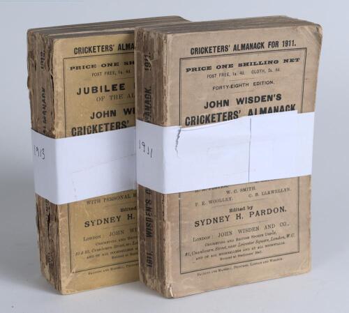 Wisden Cricketers&rsquo; Almanack 1911 and 1913. 48th & 50th editions. Original wrappers. Both with faults, broken page blocks, wear and fading to wrappers, loss to spine paper on both, appear complete. Good condition