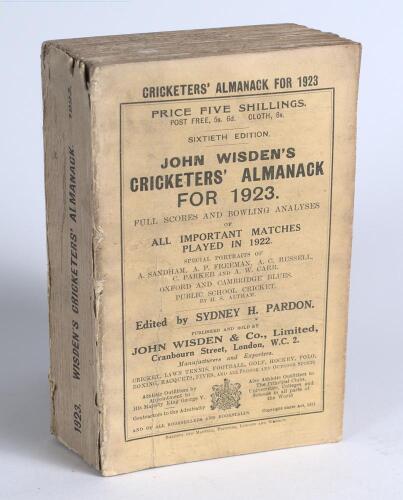 Wisden Cricketers&rsquo; Almanack 1923. 60th edition. Original paper wrappers. Some breaking to page block, some wear and soiling to wrappers and spine, small loss to spine paper otherwise in good+ condition