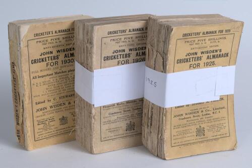 Wisden Cricketers&rsquo; Almanack 1925, 1926 and 1930. 62nd, 63rd and 67th editions. Original wrappers. All with faults, all with broken page blocks, wear, loss and fading to wrappers, loss to spine paper on both, appear complete. Qty 3