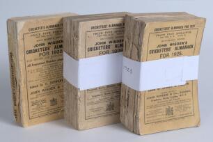 Wisden Cricketers&rsquo; Almanack 1925, 1926 and 1930. 62nd, 63rd and 67th editions. Original wrappers. All with faults, all with broken page blocks, wear, loss and fading to wrappers, loss to spine paper on both, appear complete. Qty 3