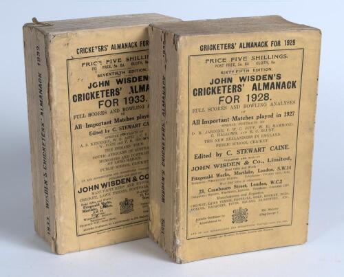 Wisden Cricketers&rsquo; Almanack 1928 and 1933. 65th & 70th editions. Original paper wrappers. Both editions with some slight breaking to spine block, The 1928 edition with some wear and soiling to wrappers and spine, some wear and loss to the spine paper and