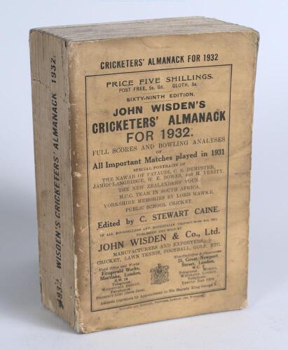 Wisden Cricketers&rsquo; Almanack 1932. 69th edition. Original paper wrappers. Some wear and soiling to wrappers and spine paper, internally good