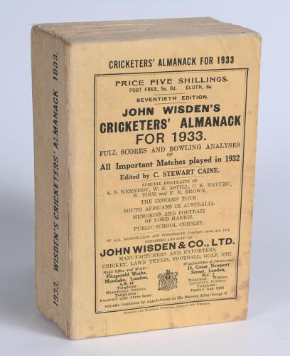 Wisden Cricketers&rsquo; Almanack 1933. 70th edition. Original paper wrappers. Minor wear and slight spotting to wrappers, paper tape to backs of the wrappers otherwise in good/very good condition