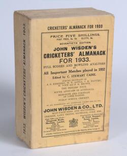 Wisden Cricketers&rsquo; Almanack 1933. 70th edition. Original paper wrappers. Minor wear and slight spotting to wrappers, paper tape to backs of the wrappers otherwise in good/very good condition