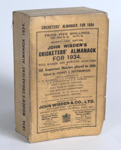 Wisden Cricketers&rsquo; Almanack 1934. 71st edition. Original paper wrappers. Some wear and soiling to wrappers and spine paper, minor loss and tear to front wrapper, soiling to page block
