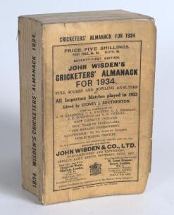Wisden Cricketers&rsquo; Almanack 1934. 71st edition. Original paper wrappers. Some wear and soiling to wrappers and spine paper, minor loss and tear to front wrapper, soiling to page block