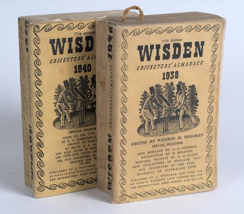 Wisden Cricketers&rsquo; Almanack 1938 and 1940. 75th & 77th editions. Original cloth covers. Both editions with some bowing to spines, some age toning and wear to covers and spine, handwritten inscription to the first advertising page of the 1938 edition other