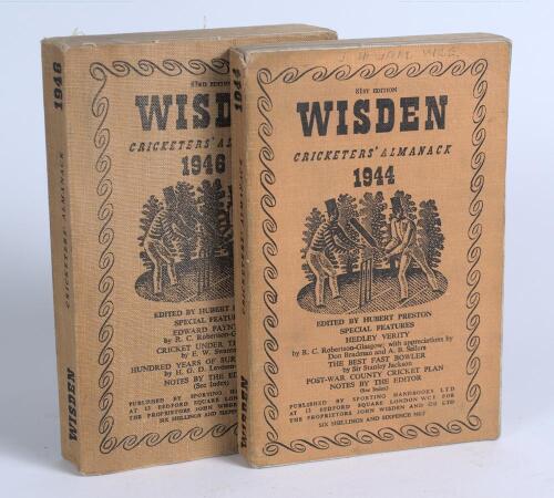 Wisden Cricketers&rsquo; Almanack 1944. 81st edition. Original limp cloth covers. Only 5600 paper copies printed in this war year. Name of ownership hand written in pencil to top of front cover and to top of the first advertising page, minor breaking to front 