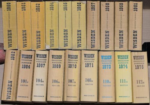Wisden Cricketers&rsquo; Almanack 1950 to 1952, 1954 to 1959, 1961, 1962, 1964, 1967, 1969-1971, 1973, 1974 and 1975. Original cloth cover. Some general faults otherwise in good overall condition. Qty 19