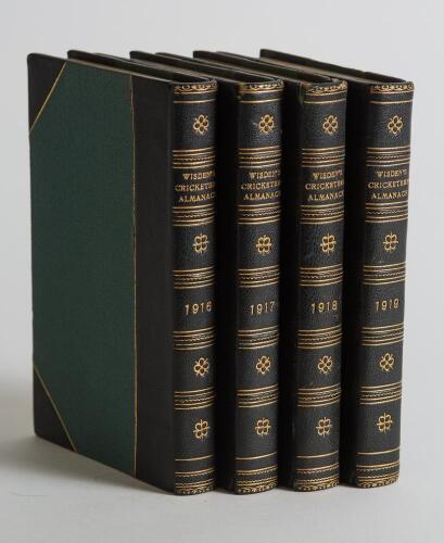 Wisden Cricketers&rsquo; Almanack 1916 to 1919. 53rd-56th editions. Handsomely uniformly bound in green and black leather with gold edging, with original paper wrappers, with raised bands and title and date in gilt to spine. Marbled end papers and gilt to all p