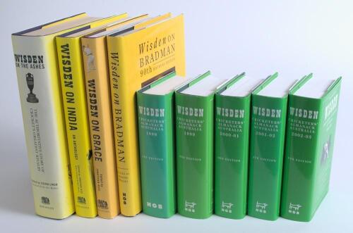 Wisden publications. Box comprising seventeen titles including &lsquo;Wisden Cricketers&rsquo; Almanack Australia&rsquo;, first five issues in hardback with dustwrappers for seasons 1998, 1999, 2000/01, 2001/02 and 2002/03. Anthologies, including &lsquo;Wisden on Bradman&rsquo; 1998, 