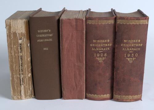 Wisden Cricketers&rsquo; Almanacks 1921, 1922 (2), 1928 and 1930. Four editions bound in boards, the latter two in half leather, all lacking original wrappers. The 1921 in original wrappers, heavy wear and loss to spine, old tape mark to edge of the wrapper/spi