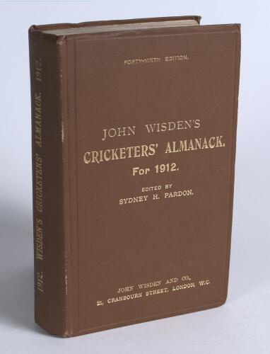 Wisden Cricketers&rsquo; Almanack 1912. 49th edition. Original hardback. Presentation copy from father to son, dated 1912, inscribed to inside front board, signed by son to the back of the yellow end paper, Some light general wear to board extremities otherwise