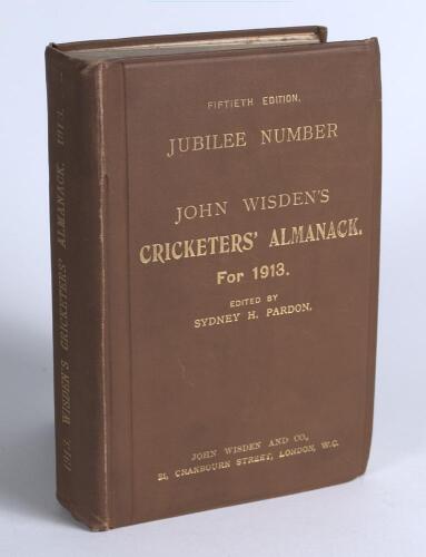 Wisden Cricketers&rsquo; Almanack 1913. 50th (Jubilee) edition. Original hardback. Minor bumping to board corners, light crease to rear board, some general wear to boards otherwise in very good condition with gilt titles bright