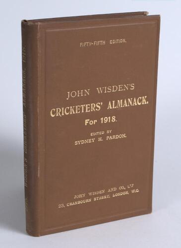 Wisden Cricketers&rsquo; Almanack 1918. 55th edition. Original hardback. Small printed address label of ownership to top inside corner of front board, slight breaking to page block at pages 256/257 otherwise in very good condition. A rare wartime hardback editi