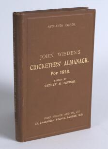 Wisden Cricketers&rsquo; Almanack 1918. 55th edition. Original hardback. Small printed address label of ownership to top inside corner of front board, slight breaking to page block at pages 256/257 otherwise in very good condition. A rare wartime hardback editi