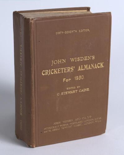 Wisden Cricketers&rsquo; Almanack 1930. 67th edition. Original hardback. Minor wear and light creasing to spine paper, minor marks to boards, some soiling to page block edge otherwise in good+ condition