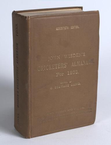 Wisden Cricketers&rsquo; Almanack 1933. 70th edition. Original hardback. Some general wear to boards and spine, dulling to gilt titles on front board and spine otherwise in good/very good condition