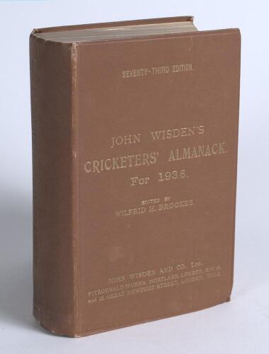 Wisden Cricketers&rsquo; Almanack 1936. 73rd edition. Original hardback. Dulling to gilt titles on the spine paper, name of ownership handwritten to the yellow title page at the front otherwise in good/very good condition