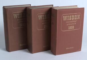 Wisden Cricketers&rsquo; Almanack 1950, 1953 and 1955. Original hardback editions. The 1950 edition with some wear and bumping to lower corners of boards, marks to rear, the 1953 edition with some dulling to gilt titles on the spine and the 1955 edition with od