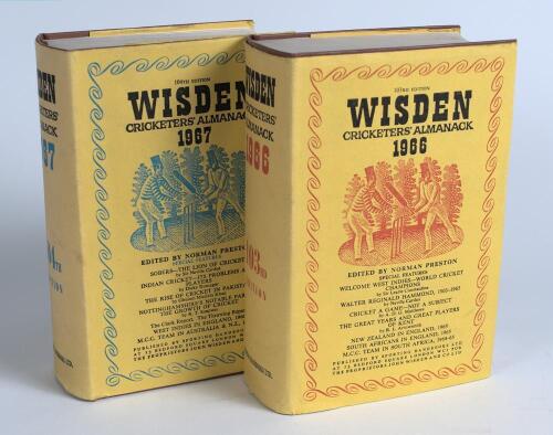 Wisden Cricketers&rsquo; Almanack 1966 and 1967. Original hardback editions with dustwrapper. Odd very minor faults to the dustwrappers otherwise in good/very condition